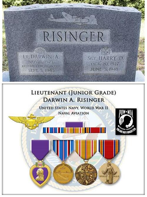 Darwin (Memorial) and Harry Risinger, Bradley Springs Cemetery, Tenaha, Texas. Navy Pilot Wings, POW/MIA Emblem, Purple Heart, American Campaign Medal, Asiatic Pacific Campaign Medal and the World War II Victory Medal