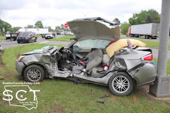 The Ford Focus involved in Sunday's wreck is seen above after Jaws of Life was used to cut into the vehicle.