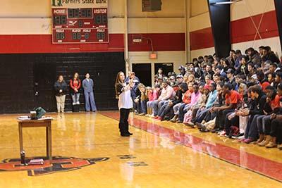 Stephanie Crager speaks to the Shelbyville High School student body on the abuse of tobacco products.