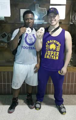 (From left) JaCarlos Hall and Witt Dockens after Regional Powerlifting Meet which qualified them for state.