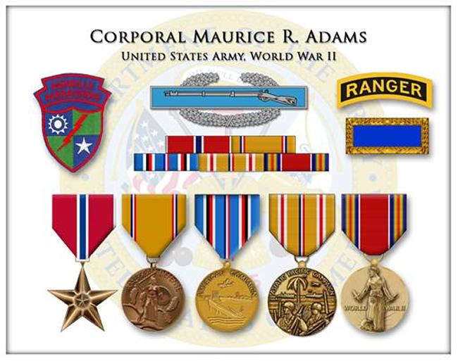 Merrill’ Marauders Patch, Combat Infantryman Badge, Ranger Tap, Distinguished Unit Citation, Bronze Star Medal, American Defense Medal, American Campaign Medal, Asiatic Pacific Campaign Medal. World War II Victory Medal