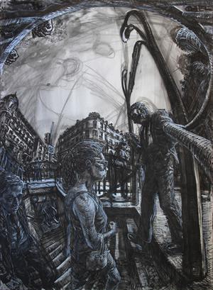 “Metro Travelers,” charcoal, ink, and gesso on paper, 70x51" 2015, is among the works included in the exhibition “Christopher Troutman: Drawing and Narrative,” which runs Aug. 31 through Oct. 14 in Griffith Gallery on the SFA campus.