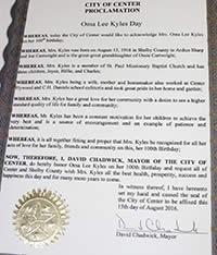 Click image to read City of Center proclamation