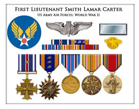 US Army Air Forces Patch, Bombardier Wings, First Lieutenant Rank Insignia WW II Honorable Discharge Lapel (Pin), Distinguished Flying Cross (with 1 oak leaf cluster), Air Medal (with 3 oak leaf clusters), American Campaign Medal, Asiatic Pacific Campaign Medal and the World War II Victory Medal.