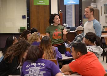 Leaders of the 2016 Generation Jacks Summer Leadership Academy speak with first-generation students Wednesday who are participating in the weeklong crash course on all things college. Data shows both overall retention rates and GPAs of participating first-generation students have improved since the GenJacks program was created by Stephen F. Austin State University faculty members in 2014