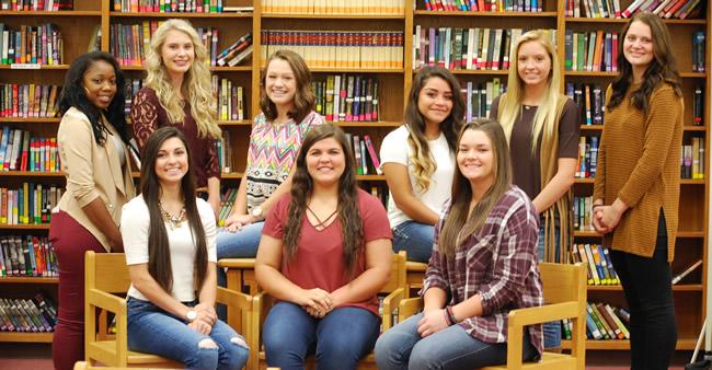 Duchesses and Queen Candidates are left to right: Tiara Sampson(11th) , Loren Vandrovec(10th), Mickenzie Murry(9th), Amayrany Gonzalez(9th), Harley Hinton(10th), Skylar Sigler (11th) Front Left to right: Hannah Hall (12th), Kennedey Parker (12th), Bailey Rabalais(12th)