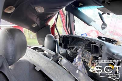 The dashboard and steering wheel of the pickup truck involved in the crash were pushed all the way into the driver's seat.