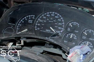 The speedometer in the pickup truck is locked at over 100 mph. This is usually an indiactor of the speed of a vehicle at the time of impact.
