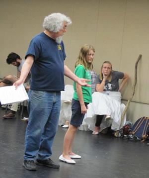 Dr. Richard Jones, professor of theatre at SFA, assists Mae Johnston, guest actor playing the role of Josie, with blocking for School of Theatre’s production of “By the Bog of Cats” by Irish playwright Marina Carr while theatre student Kara Bruntz, in the lead role of Hester Swaine, looks on. The show is at 7:30 p.m. Tuesday through Saturday, Nov. 15 through 19, in W.M. Turner Auditorium on the SFA campus.