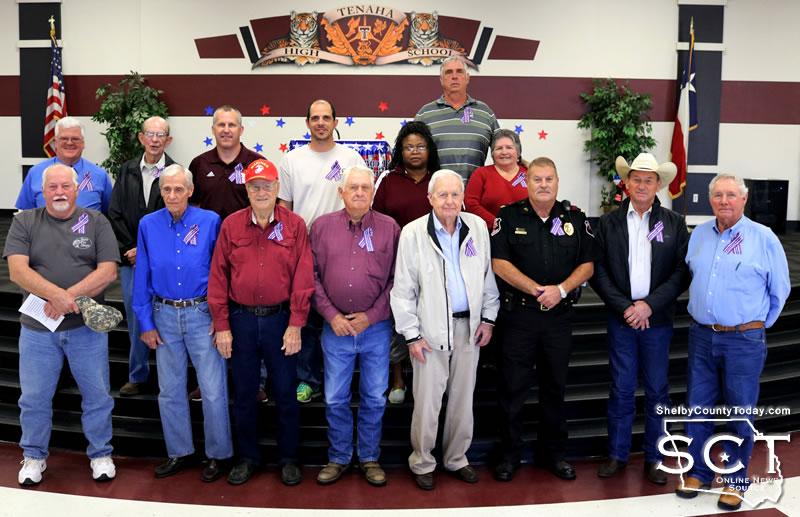 Local Veterans honored at BETA club Veterans Day presentation. (Bottom row, from left) James Grimsley, Bob Davis, Dale Stepp, Charles Hooker, George Bowers, David Jeter, Willis Blackwell and Roland Cross. (Top row, from left) Steven Farmer, Eddie Bailey, Brandon Walters, Brian Straw, Letitia Page, Victor Crawford and Marie Crawford.