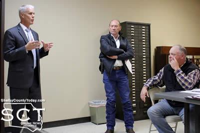 Ryan Andreasen (left) with Spillman Technologies is seen with Shelby County Sheriff Willis Blackwell (middle) as he speaks with Roscoe McSwain (right), Commissioner Precinct 1.