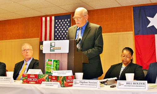 Chairman of the Deep East Texas Council of Governments (DETCOG) Solid Waste Advisory Committee, Jasper County Commissioner, Charles Shofner (center) presents a proposal for a program that would make $166,000.00 available for Solid Waste grants in the region. Also pictured are DETCOG’s Executive Director Lonnie Hunt (left) and DETCOG First Vice President, Houston County Attorney, Daphne Session (right).