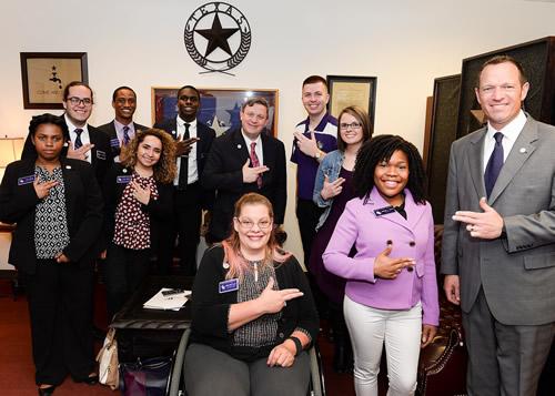 From left, back row, are Martin Diaz-Margoliner, Jordan Young, Jeffery Agouna, SFA Dean of Student Affairs Dr. Adam Peck, and 2016-17 SFA student regent Chad Huckaby; middle row, are Jayla Harris, Alexia Garcia and Candra Huckaby; and front row, are Marcella Cook, SGA President Jessica Taylor and Isaac.