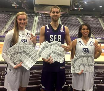 Pictured from left are Ladyjack Stevi Parker, Lumberjack Ivan Canete and Ladyjack Taylor Ross holding this year's Cram the Coliseum free admission tickets to the Northwestern State games set for March 2. (Photo contributed by SFA Athletics)