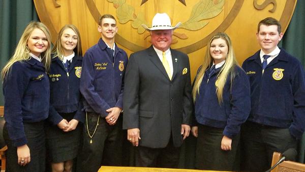From left: Macy Jo Hanson, Kayleigh Scroggins, Chase Clepper, Commissioner Sid Miller, Amanda Yates, and Connor Timmons.