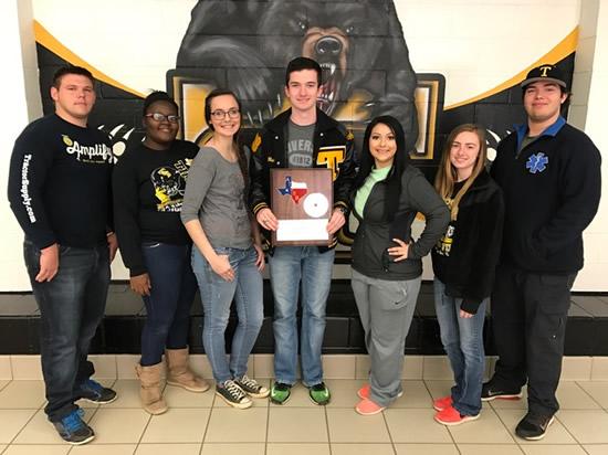 2017 band seniors and Junior Drum Major (L-R): Jeremy Wagstaff, De’Undria Jackson, Aislynn Kimzey, Blake Johnson (Drum Major), Maria Palacios, Cheyanne Porter, Marc Carroll