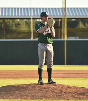 "Photo by - Kraig Cain" Picture of Sophomore, Taylor Tomlin (Center, TX).  He went  five and two-thirds innings, surrendering one run, five hits, and striking out four in a victory over BPCC.