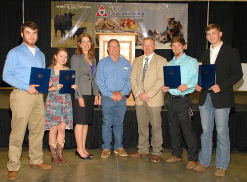 The Gary and Sue Atkins Agricultural Scholarship award recipients are Matthew Matlock, Brooke Petty, Clayton Sestak and Jonathan Lowery. Pictured from left are Matlock, Petty, event Chair Angela Shannon, Gary Atkins, Dr. Joey Bray, Chairman of SFA Department of Agriculture, Sestak and Lowery. (Photos by Trecia Johnson)