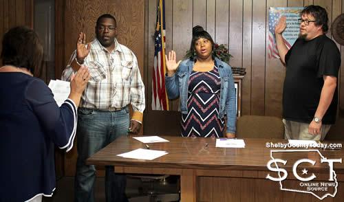 Leslie Leathers, Timpson City Secretary, administered the oaths of office to the newly elected Timpson city council members. Pictures are (from left, facing forward): Charleston Johnson, Tiffany Collins and Kyle Allen.