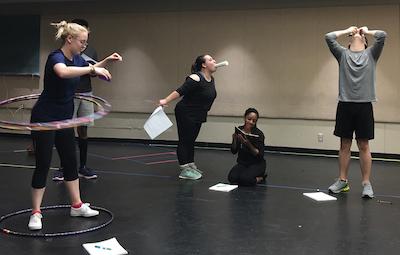 SFA theatre students, from left, Baytown freshman Jordyn Averitte as Sophie; Chandler senior Jessica Benson as Bean; Mesquite junior Zaria Harp as Ivy; and Princeton, Texas, junior Connor Morrison as Leo rehearse a scene from the upcoming SummerStage Festival presentation of “Ivy + Bean the Musical” at SFA.
