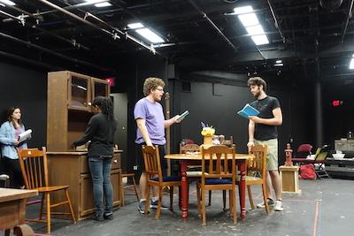 Rehearsing in SFA’s Downstage Theatre for “The Miracle Worker” are, from left, Huffman junior Sidney Lowell, Mesquite junior Zaria Harp, Longview sophomore Logan Jennings, and Dallas sophomore Gareth Phipps.