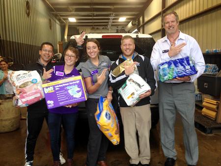 Staff members from Stephen F. Austin State University’s Student Recreation Center delivered donations to Drewery Construction as part of the university’s Hurricane Harvey relief efforts. Pictured, from left, are Ben Telesca, assistant director of facilities and member services; Anna Niemeyer, graduate assistant for Outdoor Pursuits; Katie Taylor, graduate assistant for facilities and member services; Chris Morriss, coordinator of intramural sports and camps; and Ken Morton, director of campus recreation.