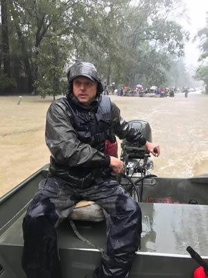 Lake Fork fishing guide Lance Vick was one of many Texans who dragged their metal jon boats south to the flood-ravaged Texas coast last week to aid in rescue efforts. Vick says lightweight flatbottom rigs were ideal for navigating the dicey flood waters dumped by Hurricane Harvey. (Courtesy Photos)