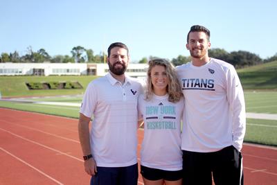 Three Stephen F. Austin State University graduate students in the athletic training program interned with the NFL and Women’s NBA during the summer. Pictured from left: Cody Oliver, Lufkin native, spent seven weeks working with the Houston Texans; Sara Caitlin Godwin from Auburn, Alabama, interned with the New York Liberty Women’s NBA team; and Chris Elliott of Nashville, Tennessee, served the Tennessee Titans.