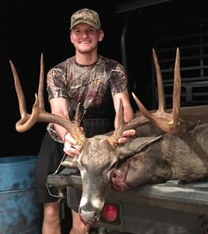 Hemphill native Travis Neal shot this remarkable nine-pointer off open range MLD property on Oct. 14. A main frame eight-pointer, the buck has been rough scored at 162 4/8. (Courtesy Photo)