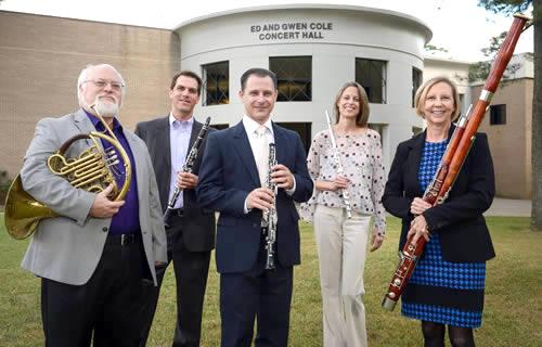 The Stone Fort Wind Quintet at Stephen F. Austin State University features faculty members, from left, Charles Gavin, horn; Christopher Ayer, clarinet; Kerry Hughes, oboe; Christina Guenther, flute; and Lee Goodhew, bassoon.