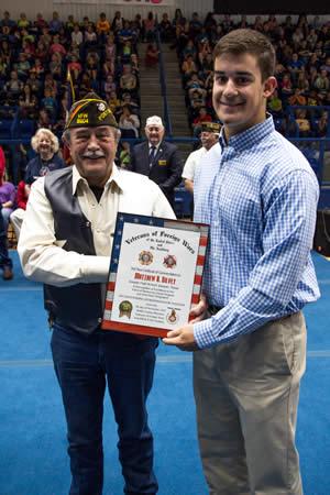 Matthew Silvey (right) was presented his certificate by Newton Johnson (left), VFW Post 8904 member.