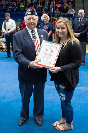 Abigail Hooper (right) was presented her certificate by VFW Post 8904 member John Piersol (left).