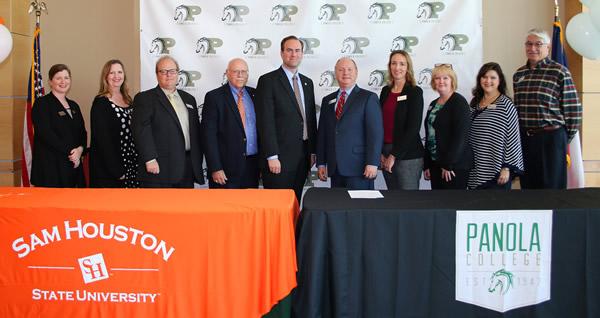 From left, Cancee Lester, director of Shelby College Center Operations; Teresa Brooks, Dean, Distance & Digital Learning; Troy Caserta, Vice President of Fiscal Services; Dr. David Burris, SHSU Articulation Coordinator; Dr. Christopher Maynard, SHSU Associate Vice Provost; Dr. Greg Powell, President, Panola College; Natalie Oswalt, Dean of Arts, Sciences and Technical Programs; Cristie Ferguson, Director of Library Services; Kelly Reed-Hirsch, Dean of Health Sciences; and Mike Edens, Director of Human resources.