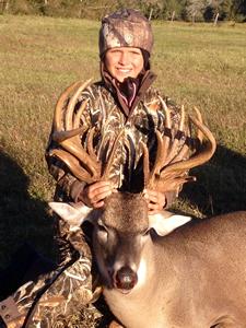 Nine-year-old McKenzie Tiemann could be a contender for the youth state record non-typical title with her monster 24 pointer. The Washington County buck has been green scored at 208 1/8 gross and 198 3/8 net. It will undergo rescoring following a mandatory 60 day drying period. (Courtesy Photo by Wade Tiemann)