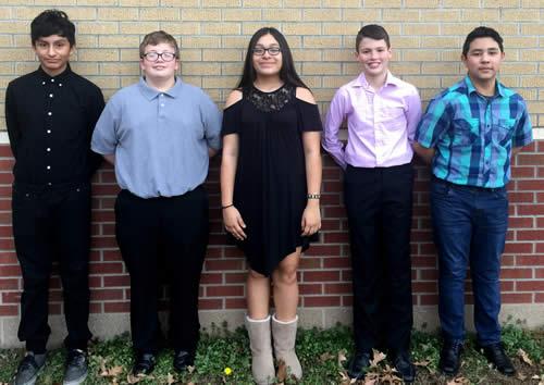 Pictured from left to right - Manuel Loredo (8th Grade) - 10th Chair Trumpet; Michael Kellar (8th Grade) - 3rd Chair Percussion; Sarahi Flores (8th Grade) - 2nd Chair Saxophone; Alex Tyner (7th Grade) - 4th Chair Percussion; Jesus Castillero (7th Grade) - 4th Chair Tuba
