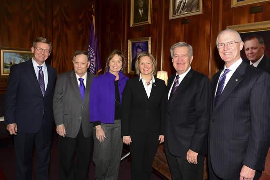 Tom Mason of Dallas and Karen Gantt of McKinney were appointed to six-year terms on the Stephen F. Austin State University Board of Regents by Gov. Greg Abbott. Regents Brigettee Henderson of Lufkin and Ken Schaefer of Brownsville were reappointed to SFA’s board. Pictured, from left, are David Alders, chair of the SFA Board of Regents; Dr. Baker Pattillo, university president; and regents Brigettee Henderson, Karen Gantt, Ken Schaefer and Tom Mason.