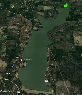 Lake Nacogdoches recently joined a sizable list of East Texas reservoirs that are battling Giant salvinia, an invasive fern native to South America. This Google Earth image indicates the location of the heaviest infestation (in the upper right corner) on the 2,200-acre lake.  