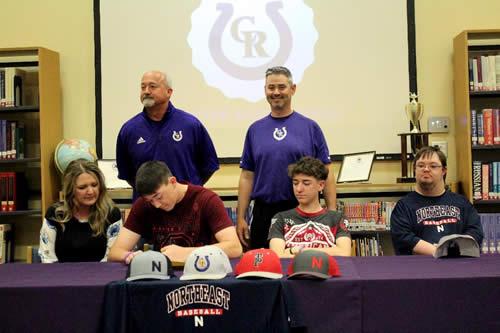 Jaxon Covington signs letter of intent to Northeast Texas Community College. (Standing from left): Athletic Director, Barry Bowman, and Head Baseball Coach, Kelly Spann.  Photo: Cheyenne Byrnes.