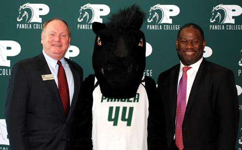 Dr. Powell and Dr. Tidwell pose with the Panola College mascot after the signing.