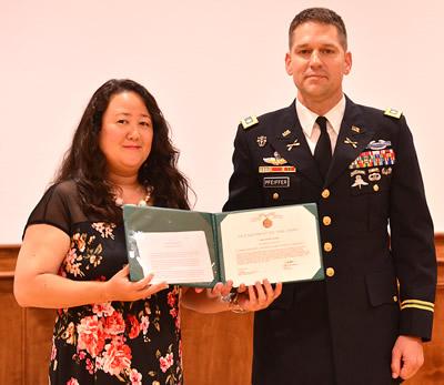 Sonnie Mosier, Stephen F. Austin State University’s Department of Military Science administrative assistant, received the Public Service Commendation Medal, one of the highest public service decorations the U.S. Army gives to civilians.