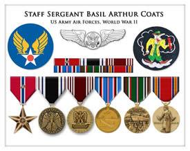 US Army Air Forces Patch, Enlisted Aircrew Member Wings, 371st Bomb Squadron Patch, Bronze Star Medal with 1 Oak Leaf Cluster, Prisoner of War Medal, Army Good Conduct Medal, American Campaign Medal, European African Middle Eastern Campaign Medal, and World War II Victory Medal