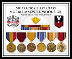 Navy Veteran Emblem, WW II Honorable Discharge Lapel Pin, Ships Cook First Class Rank Insignia, Navy and Marine Corps Medal (Heroism), Navy Good Conduct Medal, American Defense Service Medal, American Campaign Medal, Asiatic Pacific Campaign Medal and World War II Victory Medal