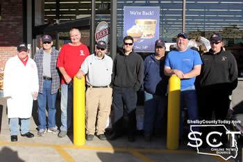 Pictured (from left) are Brookshire Brothers employee Anthony Raines, and firemen Jim Strong, Steve Cockrell, Tommy Houston, Chase Caldwell, Tommy Boyett, Jessie Griffith, and Walter Wells.