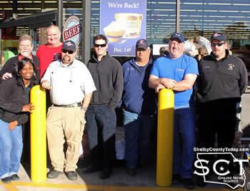 Pictured are (from left) Davonne Stotts, Brookshire Brothers employee; Mike Williams, Joaquin Store Director; firemen Steve Cockrell; Tommy Houston; Chase Caldwell; Tommy Boyett; Jessie Griffith; and Walter Wells.