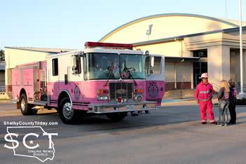 In preparation, the Pink Heals firemen staged themselves at the Joaquin ISD parking lot before advancing to the Joaquin Volunteer Fire Department.