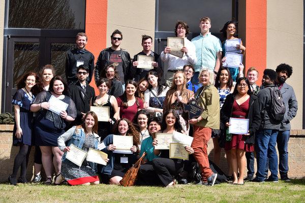 Panola College Theatre students with the awards they won at region festival competition. (Photo by Katy Chance)