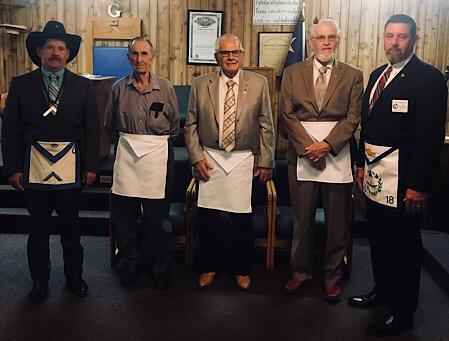 Pictured (from left), WM Larry Molloy, Joe Dillon 70-year award, Darrell Rhodes 50-year award, Harvey Tipton 50-year award, and RW Stacy Cranford DDGM District 15.