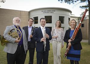 The Stone Fort Wind Quintet at Stephen F. Austin State University features faculty members, from left, Charles Gavin, French horn; Christopher Ayer, clarinet; Kerry Hughes, oboe; Christina Guenther, flute; and Lee Goodhew, bassoon