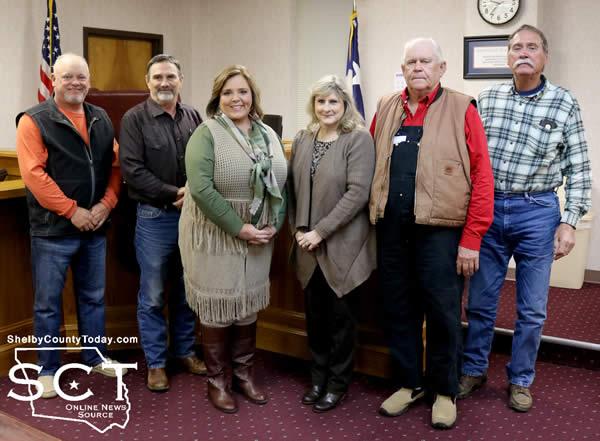 Pictured are (from left): Roscoe McSwain, Commissioner Precinct 1; Charles Barr, Commissioner Precinct 3; Donna Hughes, Justice of the Peace Precinct 1; Allison Harbison, Shelby County Judge; Jimmy Lout, Commissioner Precinct 2; and Tom Bellmyer, Commissioner Precinct 4.